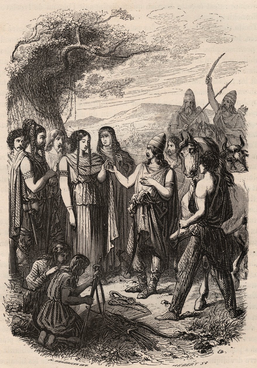Cerimonia di nozze tra i tedeschi. Incisione del 1868 in "Histoire de Belgique dai tempi primitivi alla fine del regno di Leopoldo I" di Theodore Juste (1818-1888). Collezione privata da Unknown artist
