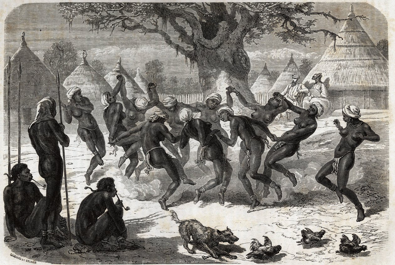 Danza di benvenuto delle donne della tribù, al ritorno di Baker e sua moglie dal Lago Alberto. Incisione per illustrare il viaggio al Lago Alberto, nel 1861-1864, di Sir Samuel White Baker, in 