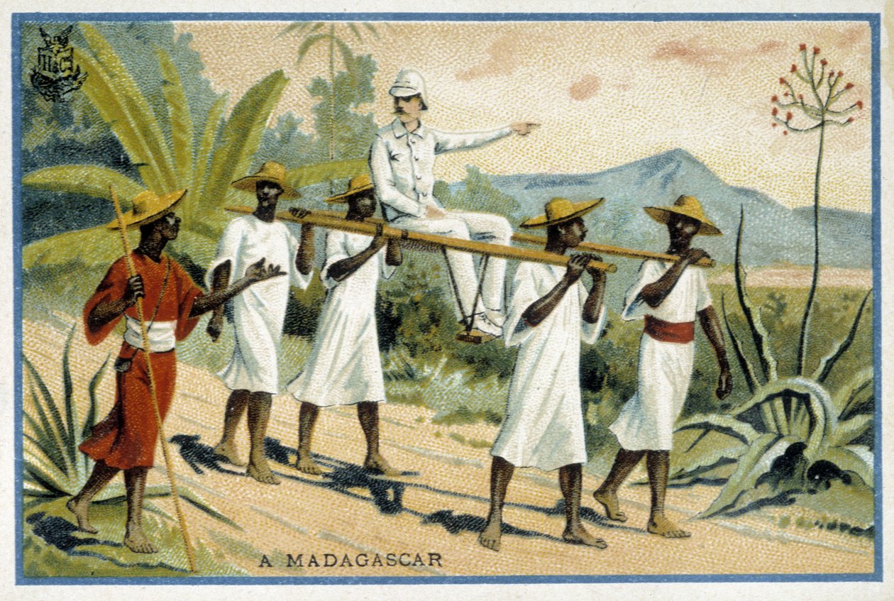Colono bianco su sedia a rotelle, Madagascar - Cromolitografia da Unknown artist