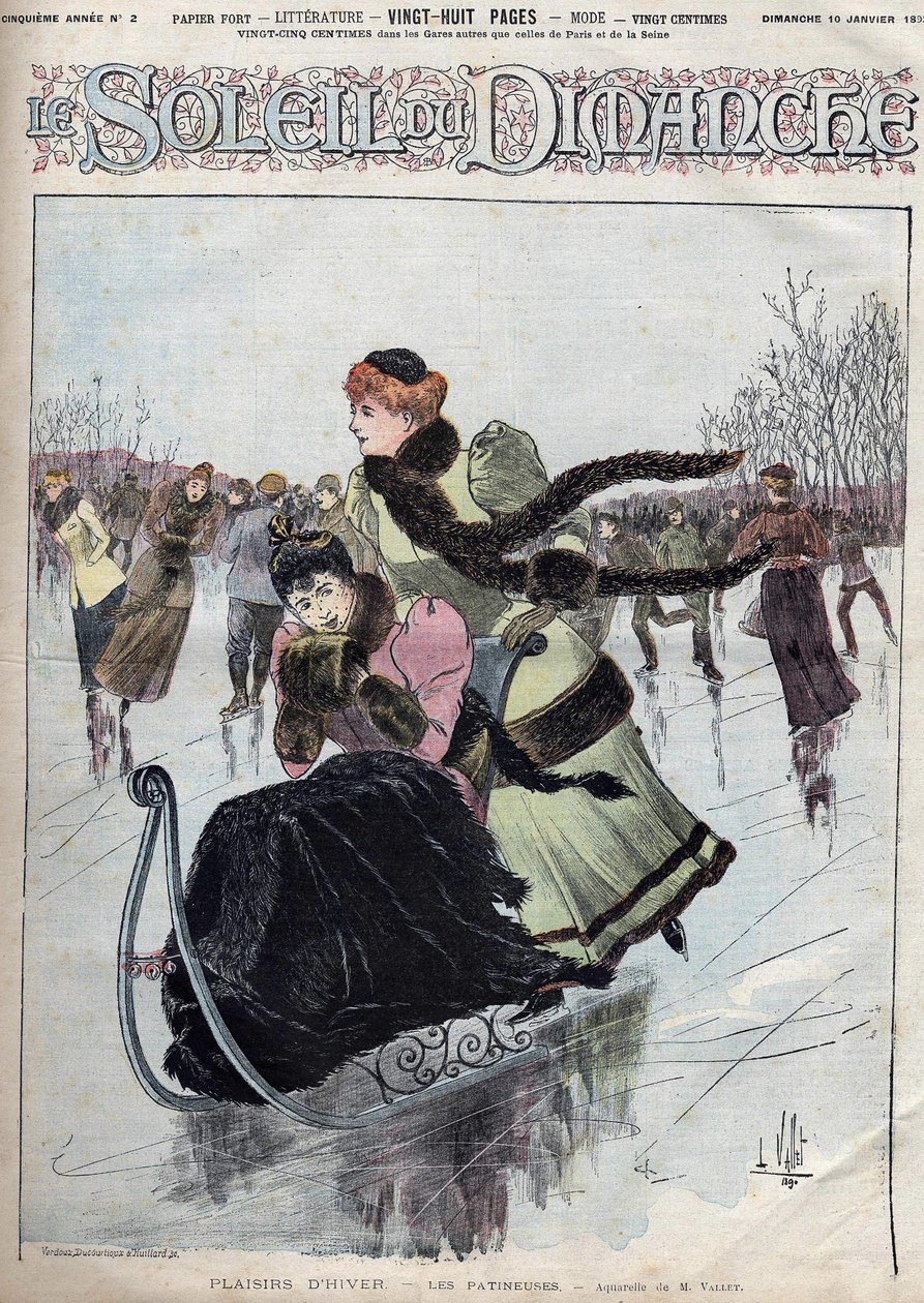 Divertimento invernale. I pattinatori. Acquerello di Mr. Vallet per il Sole della domenica. 10 gennaio da Unknown artist