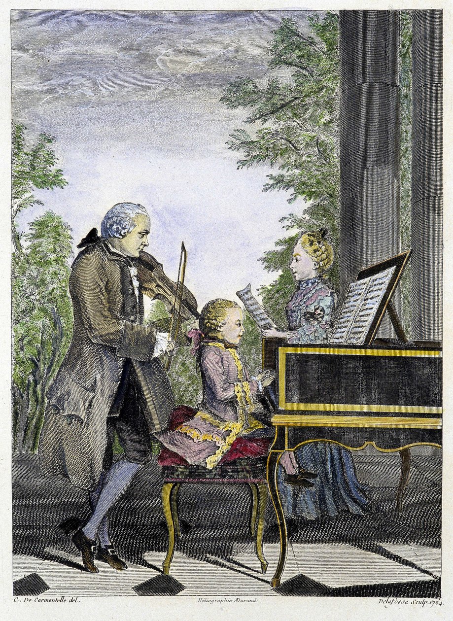 Wolfgang Amadeus Mozart bambino al pianoforte circondato dal padre Leopold al violino e dalla sorella Marianne al canto - incisione da Unknown artist