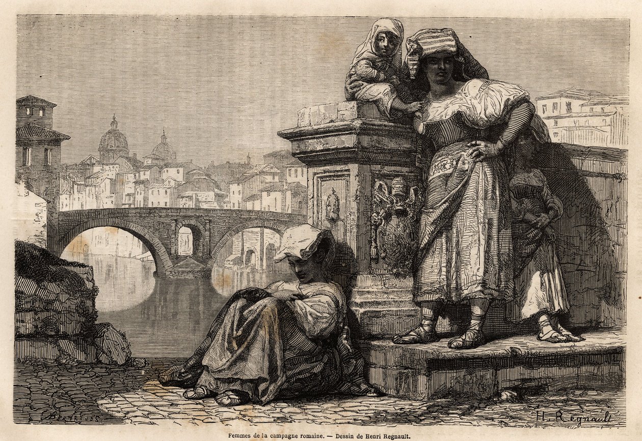Donne e bambini della campagna romana a riposo sul bordo del Tevere, dietro l
