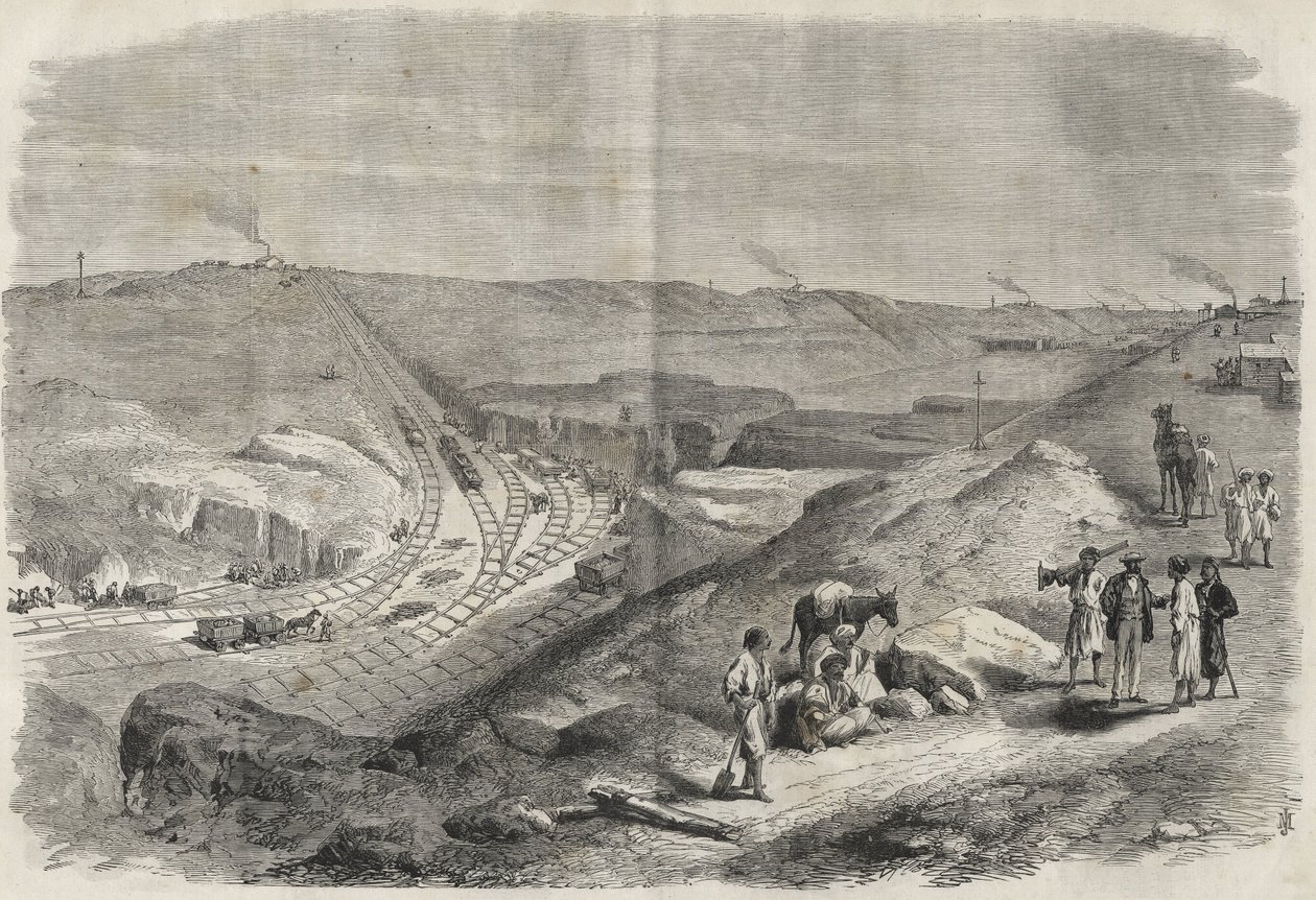 Lavori sul canale di Suez 1864 - Cantiere e lavori di perforazione sul Canale di Suez nel 1864 (Chaluf Tranchee) da Unknown artist