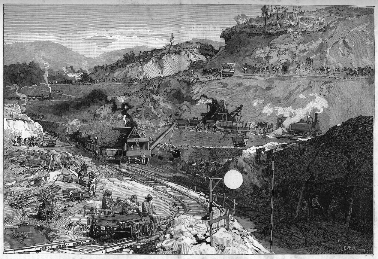 Operaio sul cantiere della trincea a Bas Obispo per la costruzione del Canale di Panama. Incisione in "Le Monde Illustré" da Unknown artist