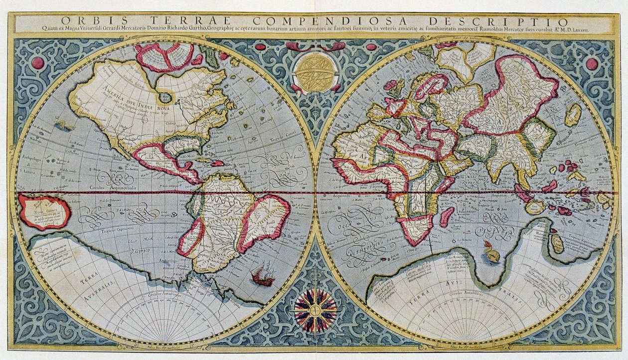 Mappa del mondo di Mercatore (1587) - dopo "Gerardi Mercatoris Atlas sive Cosmographicae meditationes de fabrica mundi et fabricati figura", Amsterdam da Unknown artist