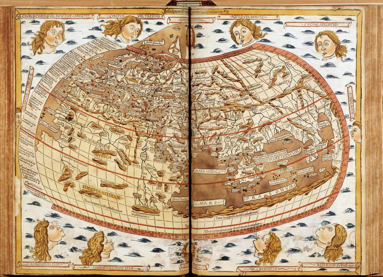 Mappa del mondo di Claudio Tolomeo. Le teste umane che soffiano aria rappresentano i diversi venti (i cui nomi sono indicati). In 