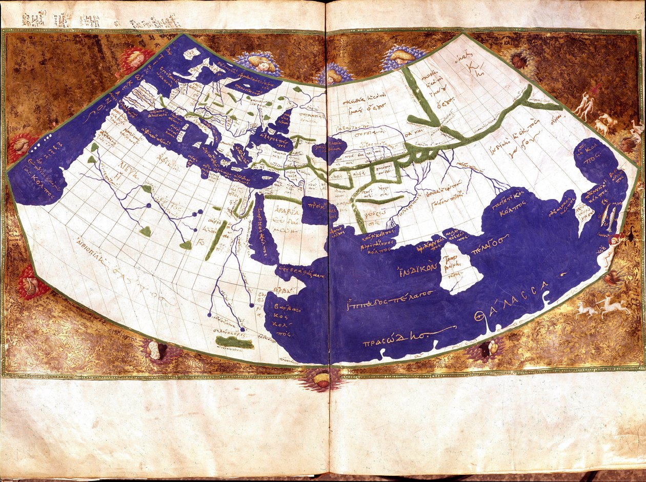 Mappa del mondo di Claudio Tolomeo (90-168 d.C.), astronomo e astrologo greco - Rappresentazione della Terra piatta senza i poli Nord e Sud e senza il continente americano - Manoscritto del XV secolo - Venezia, Biblioteca Marciana da Unknown artist