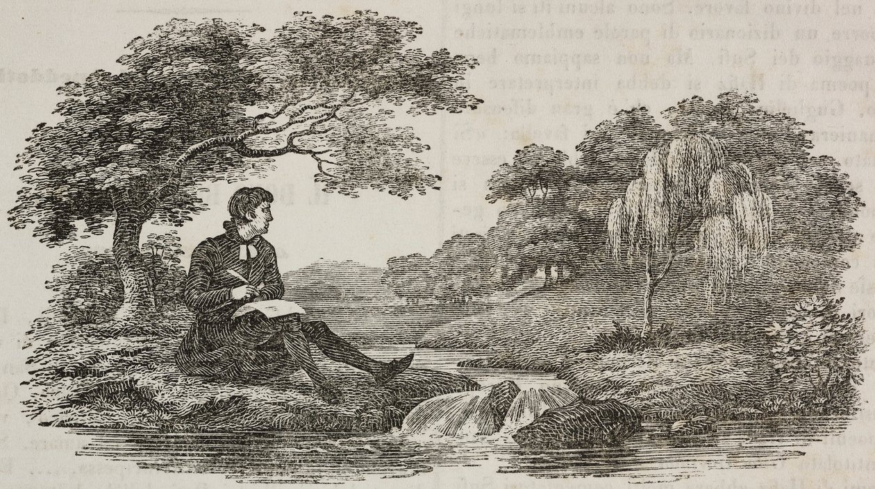 Scrittore sotto un albero davanti a un ruscello, illustrazione da Teatro universale, Raccolta enciclopedica e scenografica, n. 575, 19 luglio da Unknown artist