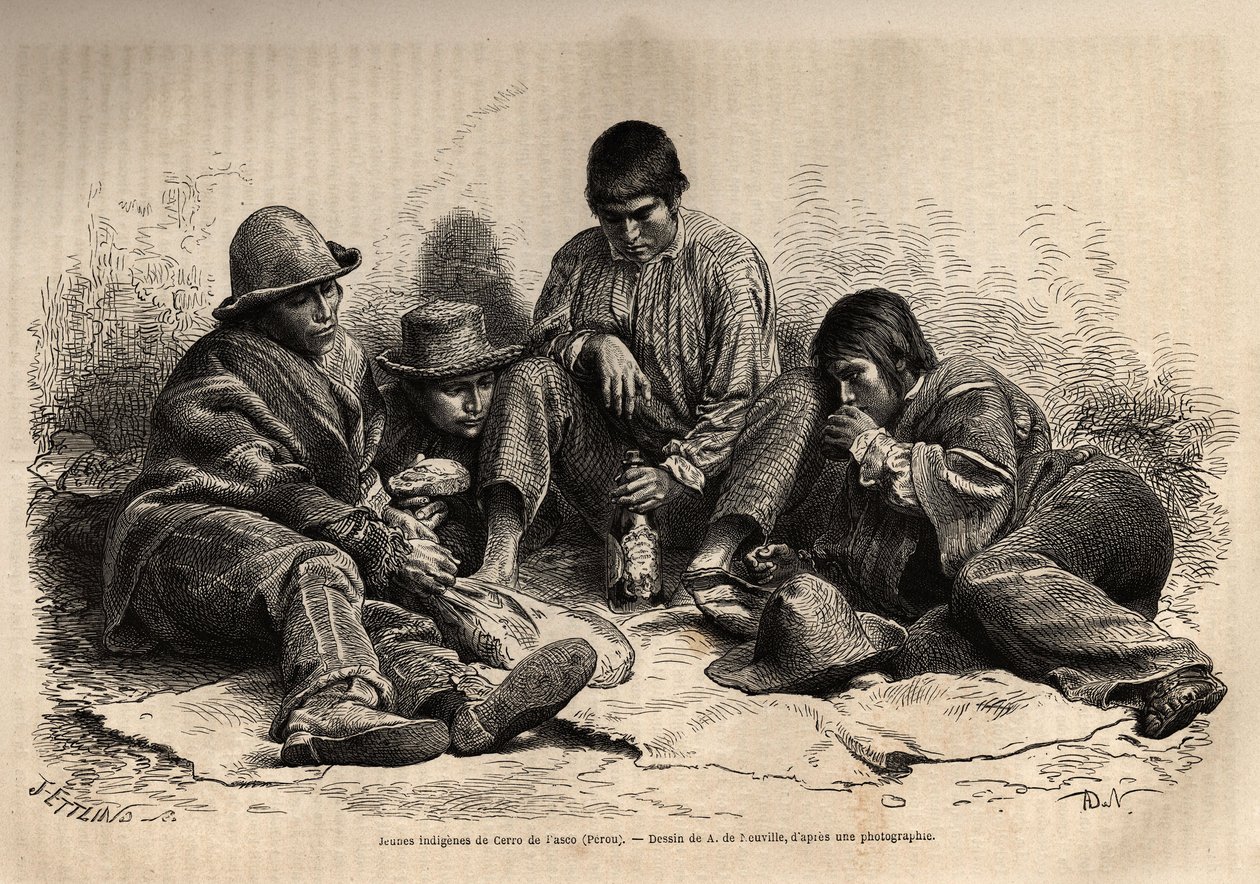 Giovani indiani di Cerro de Pasco (Perù centrale), si radunano per la colazione. Incisione per illustrare Les iles Chincha, rect di L.Simonin, nel 1860, pubblicato in 