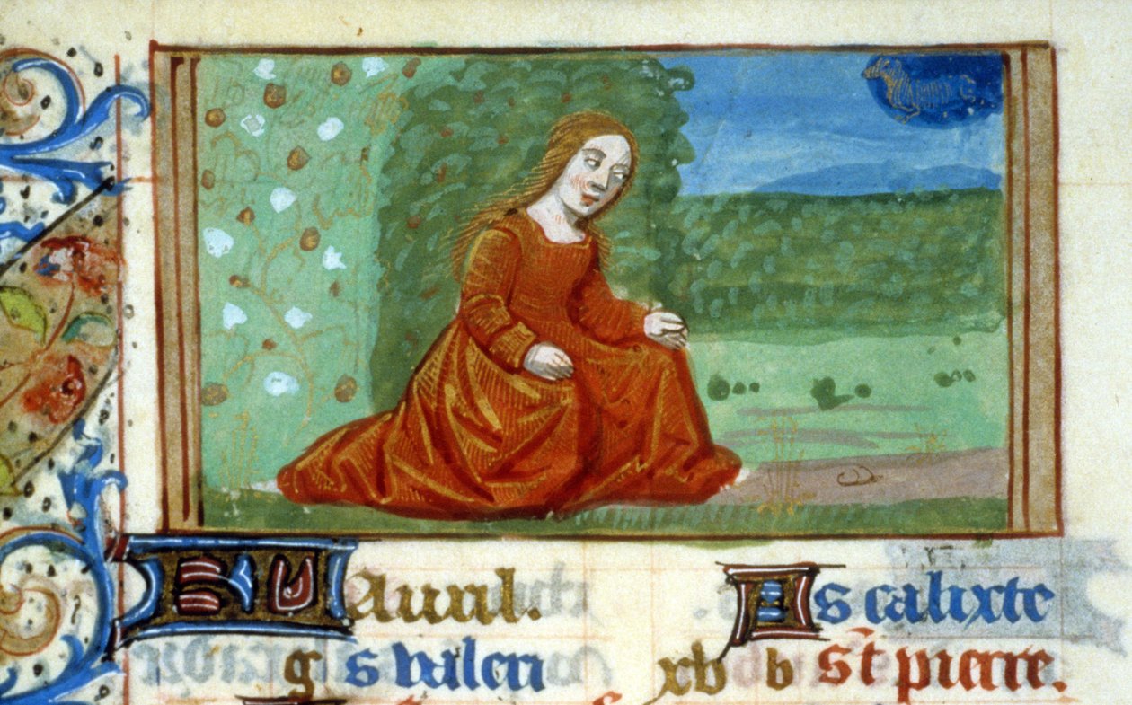 Giovane donna in un giardino e segno zodiacale del Toro - Miniatura da Unknown artist