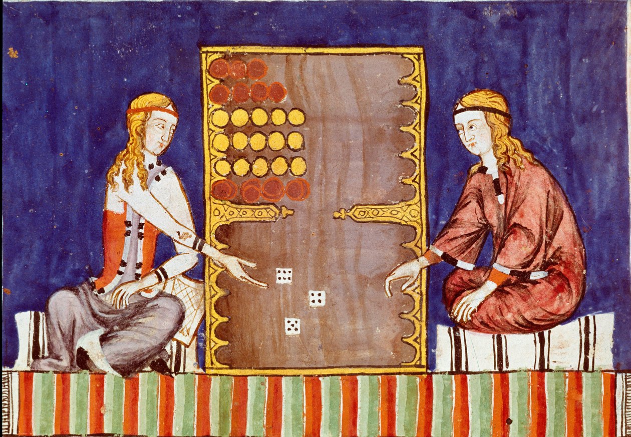 Giovani donne che giocano a tric trac (tri-trac), antenato del backgammon - Miniatura dal manoscritto "Libro dei giochi" di Alfonso X il Saggio da Unknown artist
