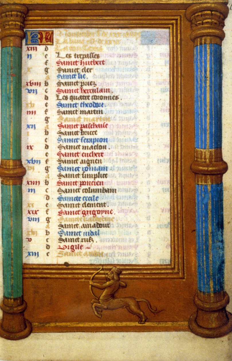 Zodiaco Sagittario e santi del mese di novembre - miniatura del Medioevo (rif.: 135, 006r): richiesta di permesso alla Biblioteca Municipale di Tolosa (tel: 05 62 27 66 66) da Unknown artist