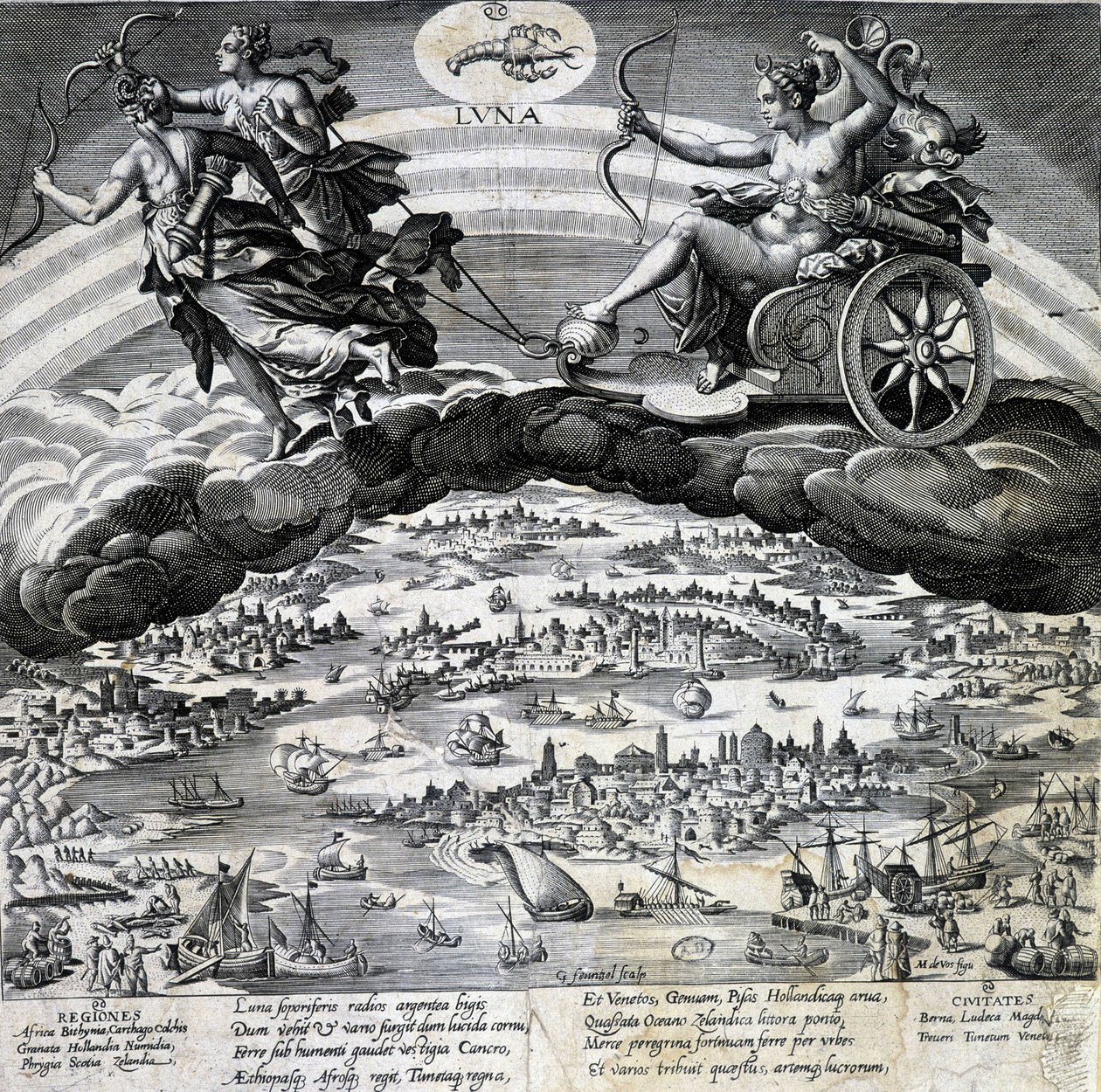 Segno zodiacale Cancro. Luna, rappresentazione del carro di Semelee. Incisione del XIX secolo. da Unknown artist