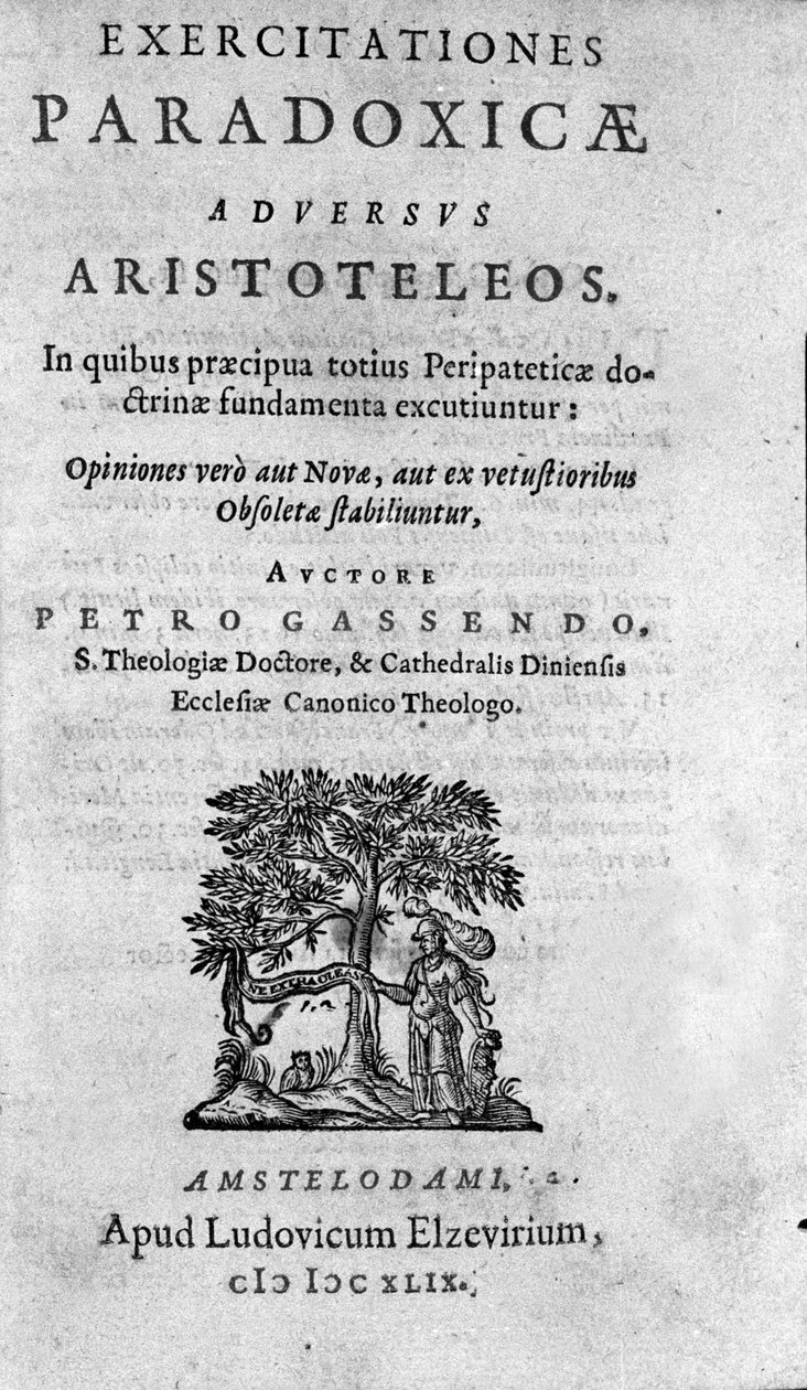 Frontespizio di "Exercitationum paradoxicarum adversus Aristoteleos" di Pierre Gassendi (1592-1655), filosofo, astronomo, matematico e fisico francese. da Unknown artist