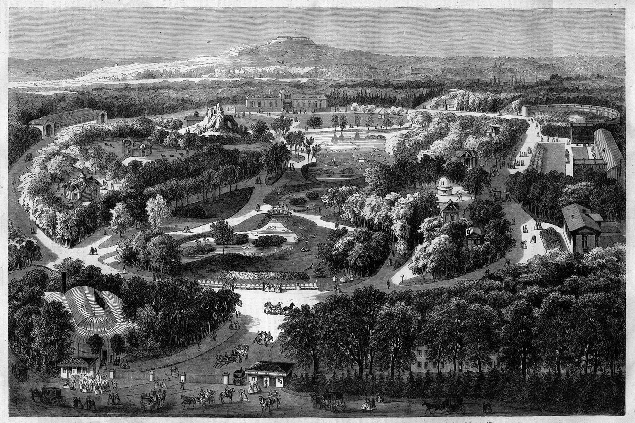 Vista generale del giardino di acclimatazione al Bois de Boulogne offerto e inaugurato da Napoleone III nel 1860, combinando natura, flora lussureggiante e animali esotici, in "l