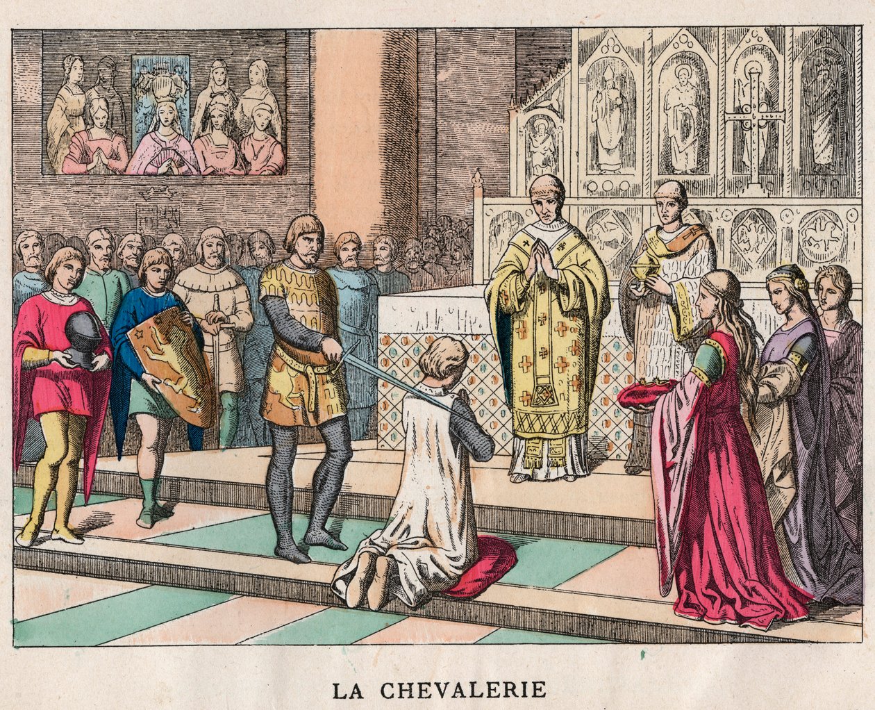 Investitura - La Cavalleria - Investitura di un Cavaliere - Incisione della fine del XIX secolo in "Nos Gires Nationales - Immagini e racconti" da Unknown artist