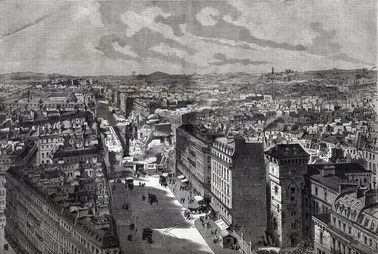 Le grandi opere di Haussmann - Trasformazioni di Parigi sotto il Secondo Impero, Parigi Haussmanniana (Boulevard, opere Haussmanniane) - La perforazione di rue Etienne Marcel- da rue Turbigo a Place des Victoires - incisione in 