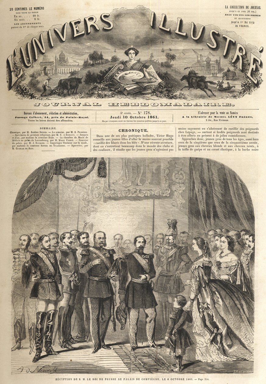 La visita di Guglielmo, re di Prussia, a Napoleone III, imperatore dei francesi, a Compiègne, Francia 1861 - Visita di Guglielmo I di Prussia (1797-1888) a Compiègne in presenza di Napoleone III - Incisione da "L