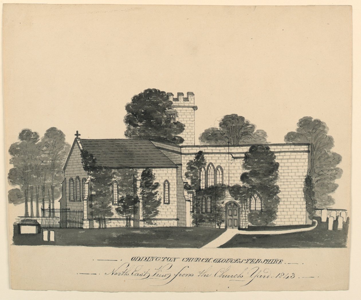 Cimitero della chiesa di Oddington, Gloucestershire, vista nord-est da Unknown, English