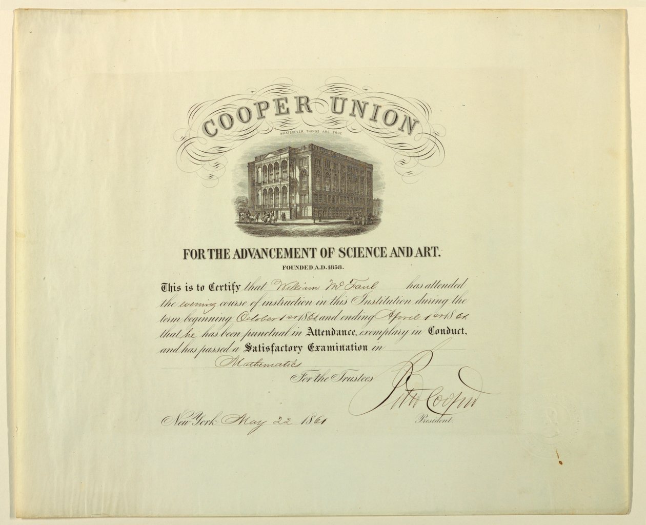 Certificato (FRANCIA amp; U.S.A.), 22 maggio 1861 da Unknown artistUnknown artist