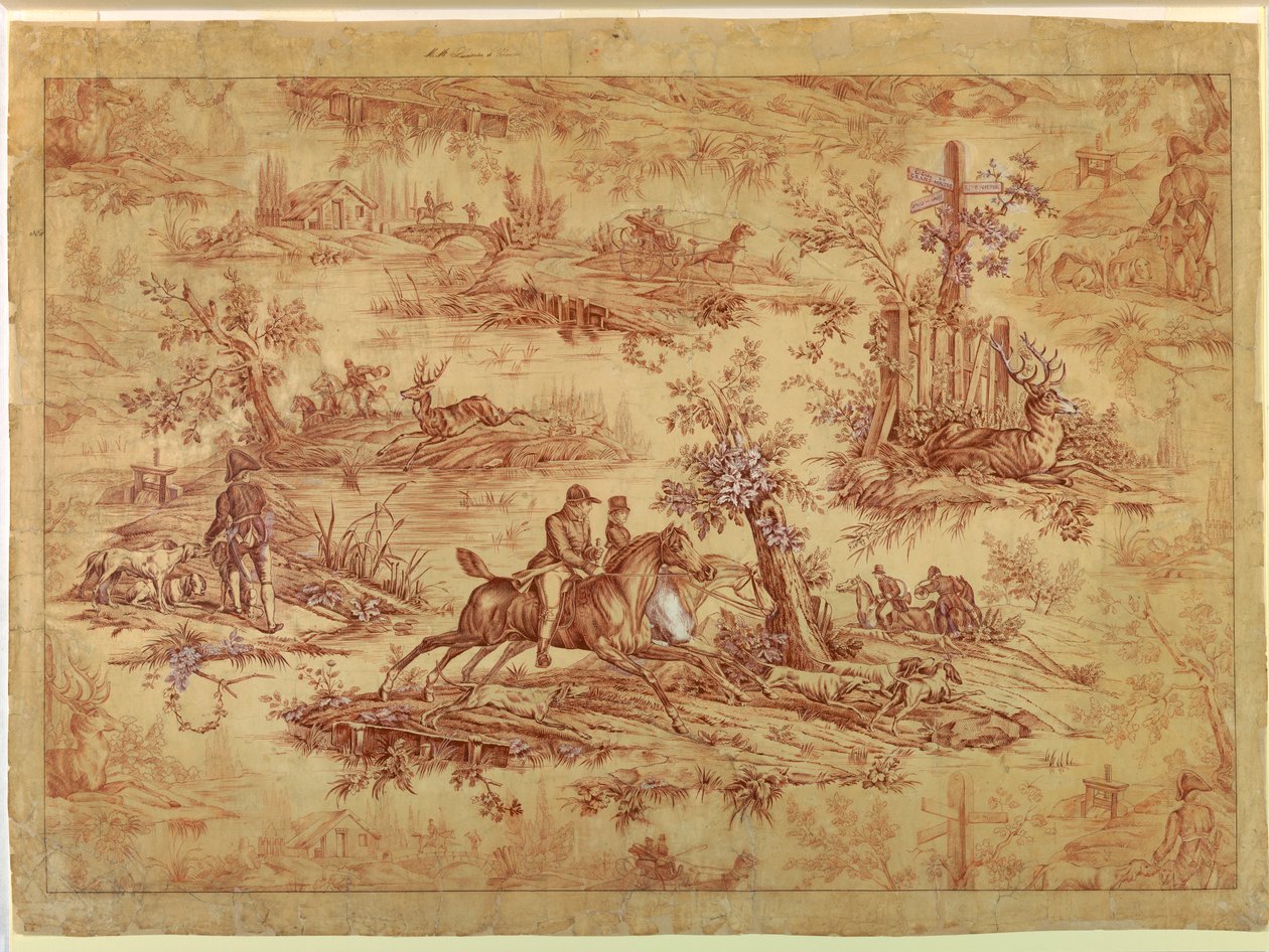 Disegno, cartone animato per tessuto stampato in cotone, La Route de Jouy, dopo il 1815 da Unknown artistUnknown artist