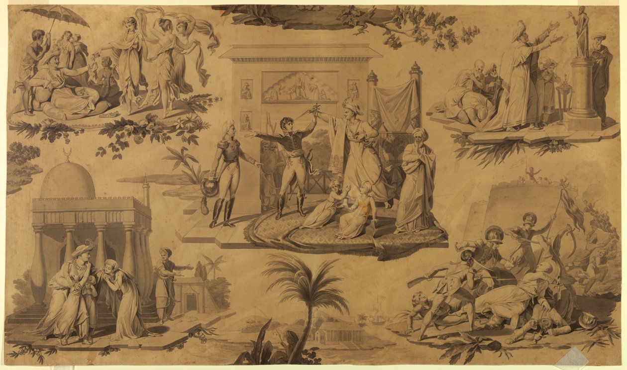 Disegno, cartone animato per tessuto di cotone stampato: i francesi in Egitto [Les Francais en Egypte], 1815 ca. da Unknown artistUnknown artist