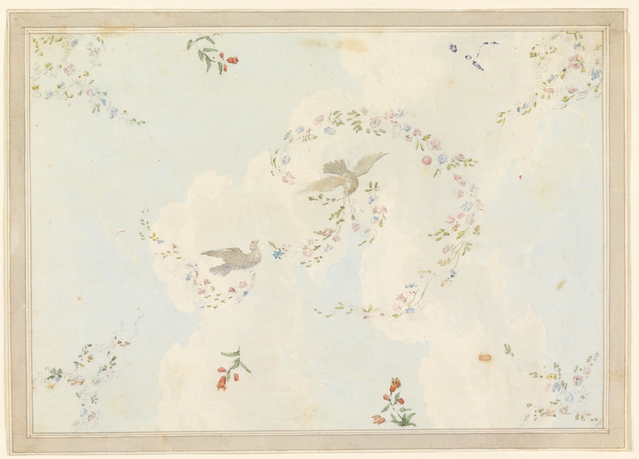 Disegno, soffitto con colombe e ghirlande di fiori, forse per la sala d