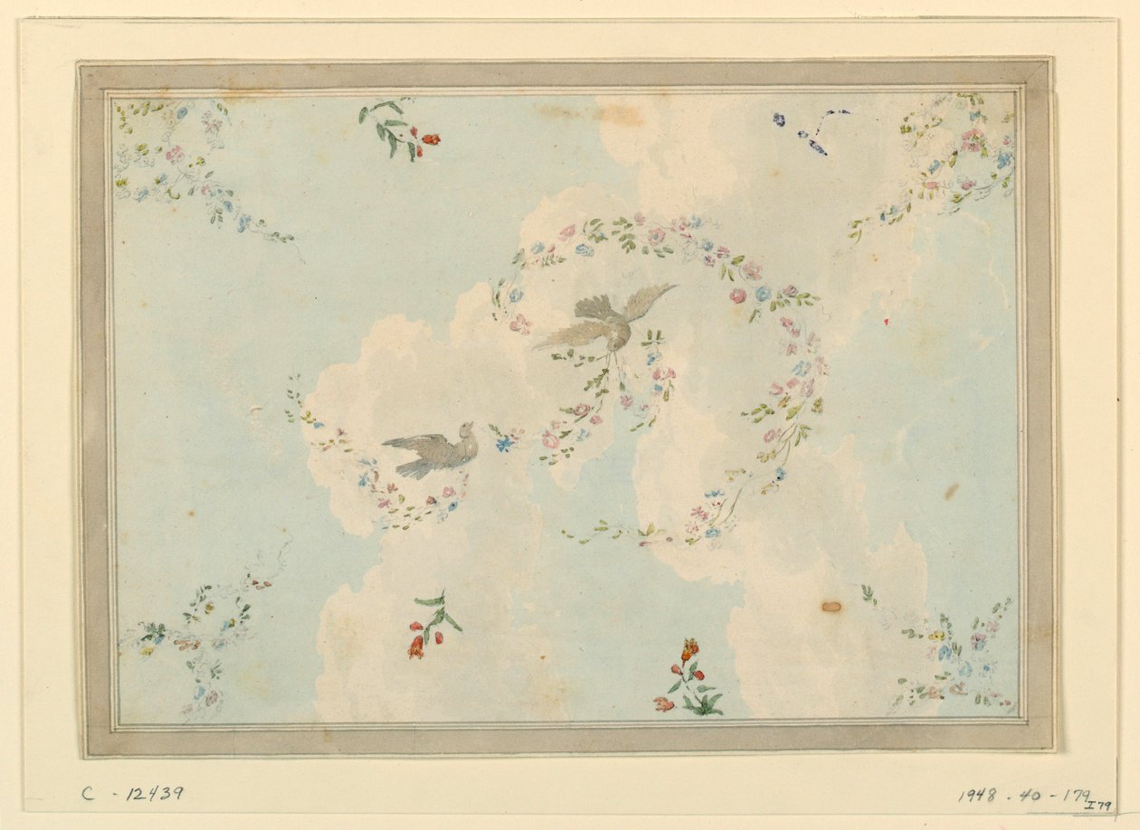 Disegno, soffitto con colombe e ghirlande di fiori, forse per la sala d