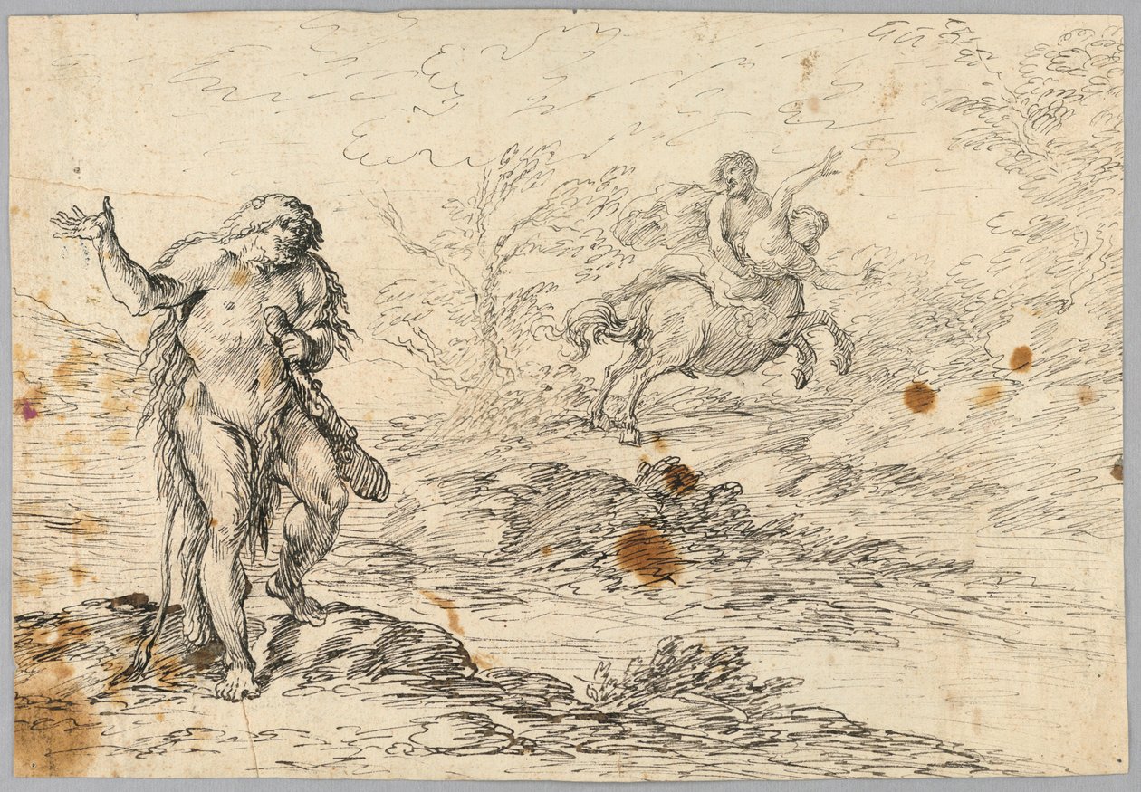 Disegno, Centauro che salva la fanciulla da una creatura armata di clava, XVI-XIX secolo da Unknown artistUnknown artist