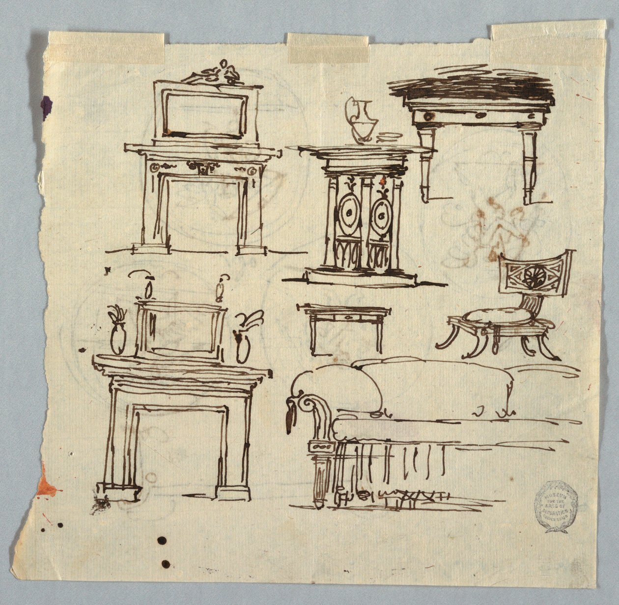 Disegno, pezzi di camino, mobili e medaglione da soffitto, 1790-1810 da Unknown artistUnknown artist