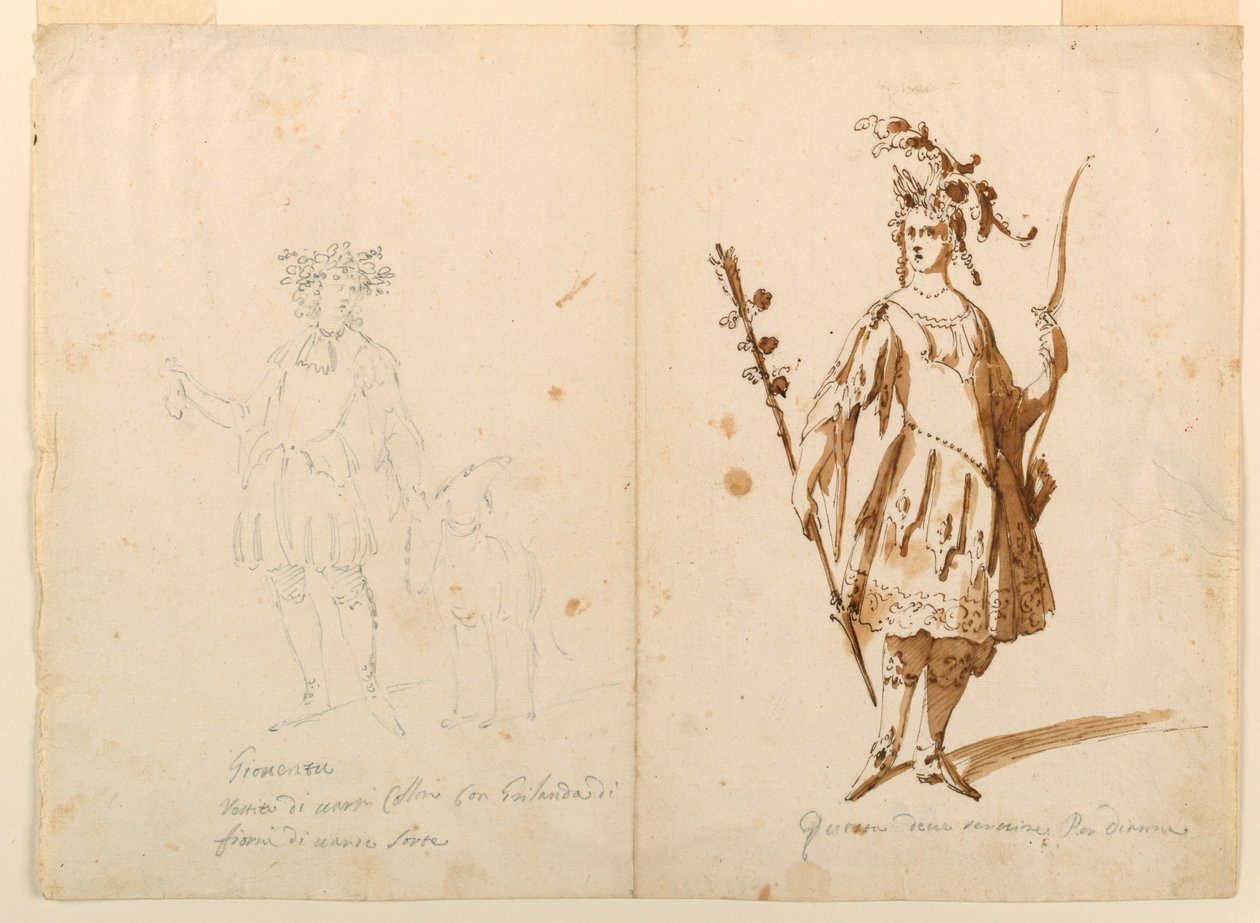 Disegno, Costumi: Giovane e Diana per un balletto, 1720 ca. da Unknown artistUnknown artist