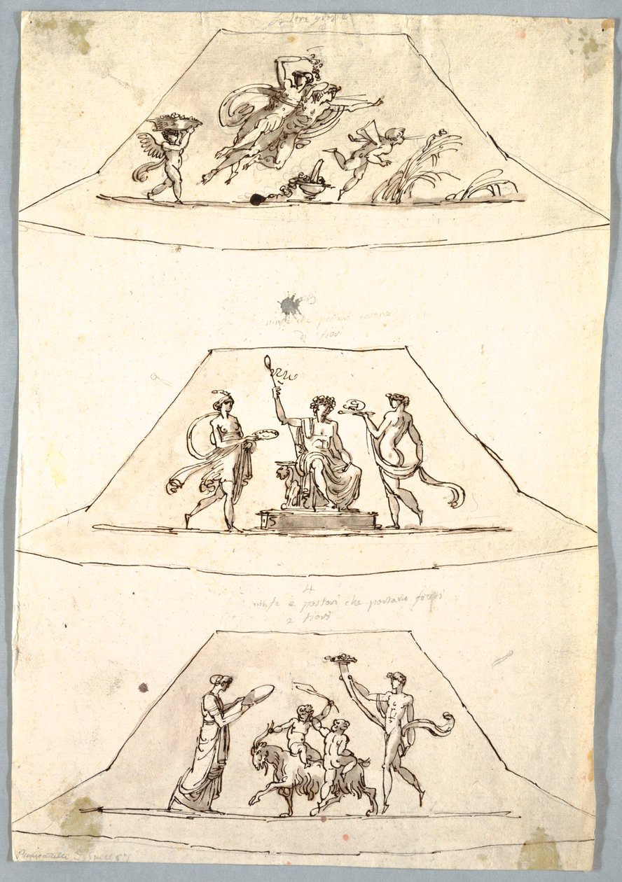 Disegno, Progetto decorativo: Tre trapezi con Flora e Zefiro, 1815 ca. da Unknown artistUnknown artist