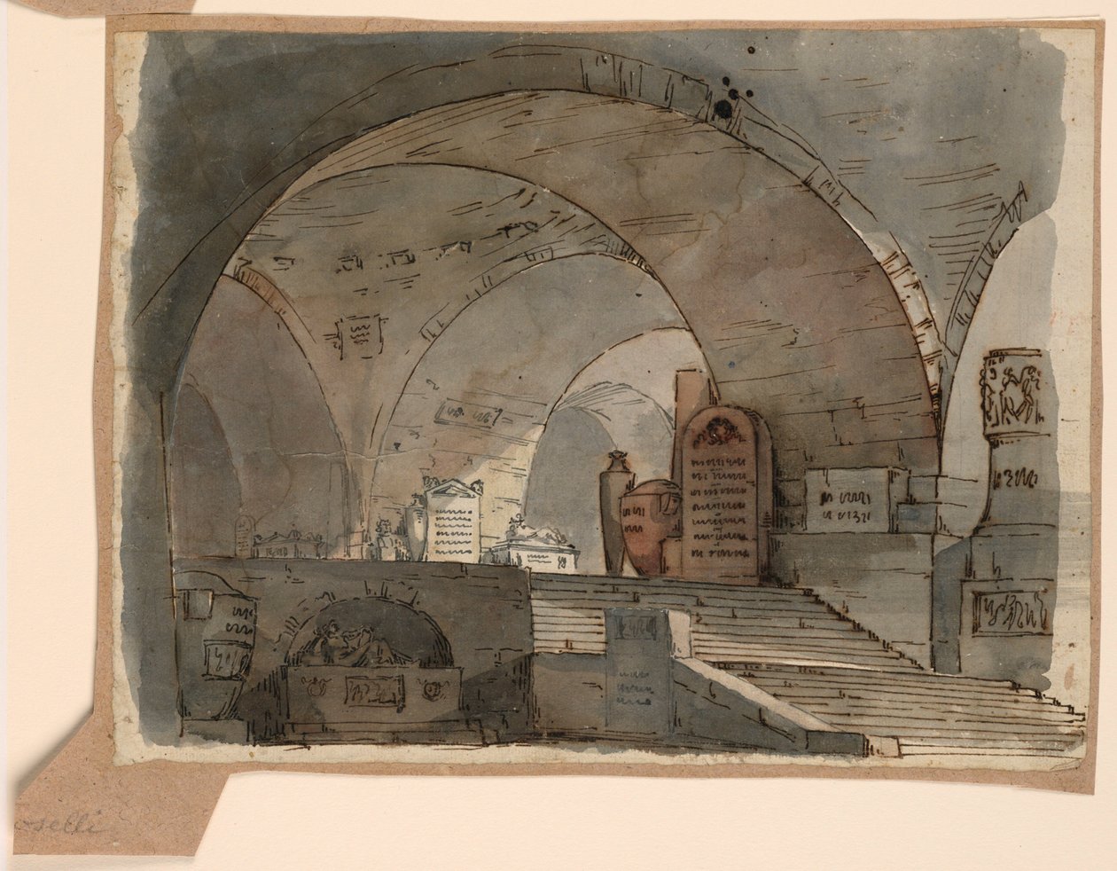 Disegno, scenografia, spazio sotterraneo a volta con tombe, inizio XIX secolo da Unknown artistUnknown artist