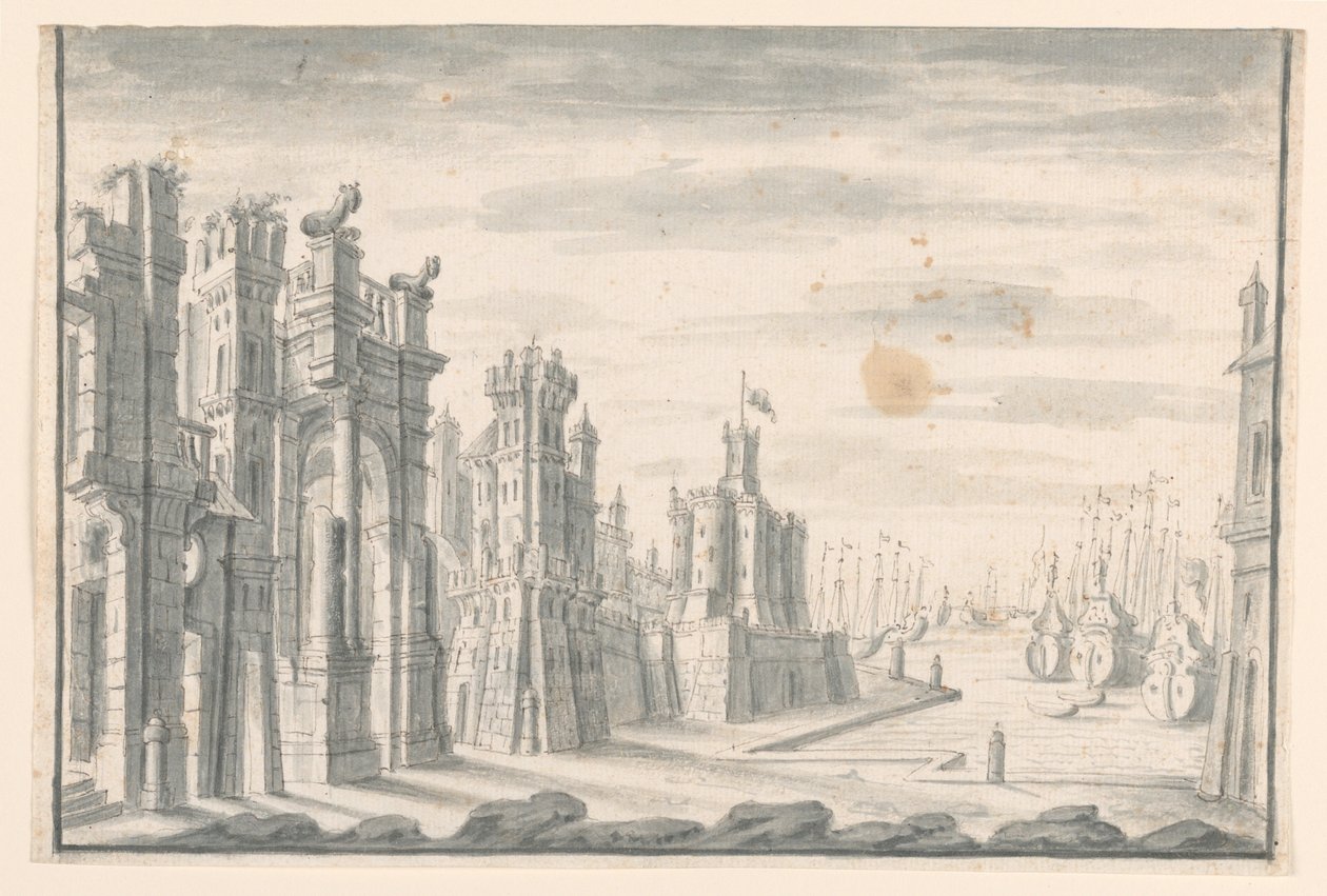 Disegno, scenografia, vista della città e del porto, inizio XVIII secolo da Unknown artistUnknown artist