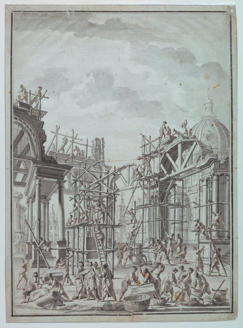 Disegno, operai che costruiscono portici, 1740 ca. da Unknown artistUnknown artist