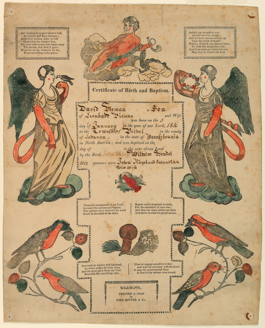 Fraktur, certificato di battesimo [certificato di nascita], 1816 da Unknown artistUnknown artist