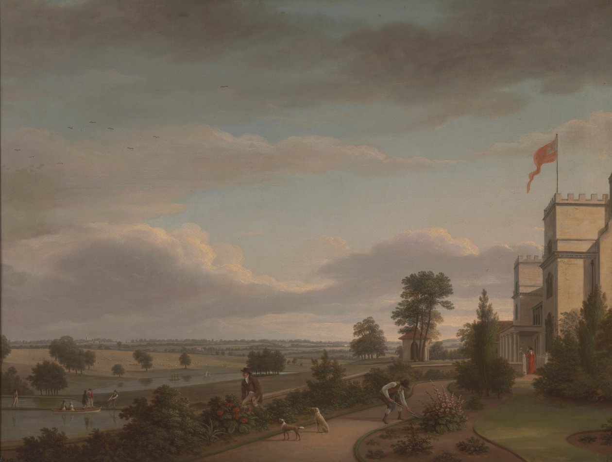 Una casa di campagna in un paesaggio fluviale, precedentemente identificata come Oatlands da Unknown artist