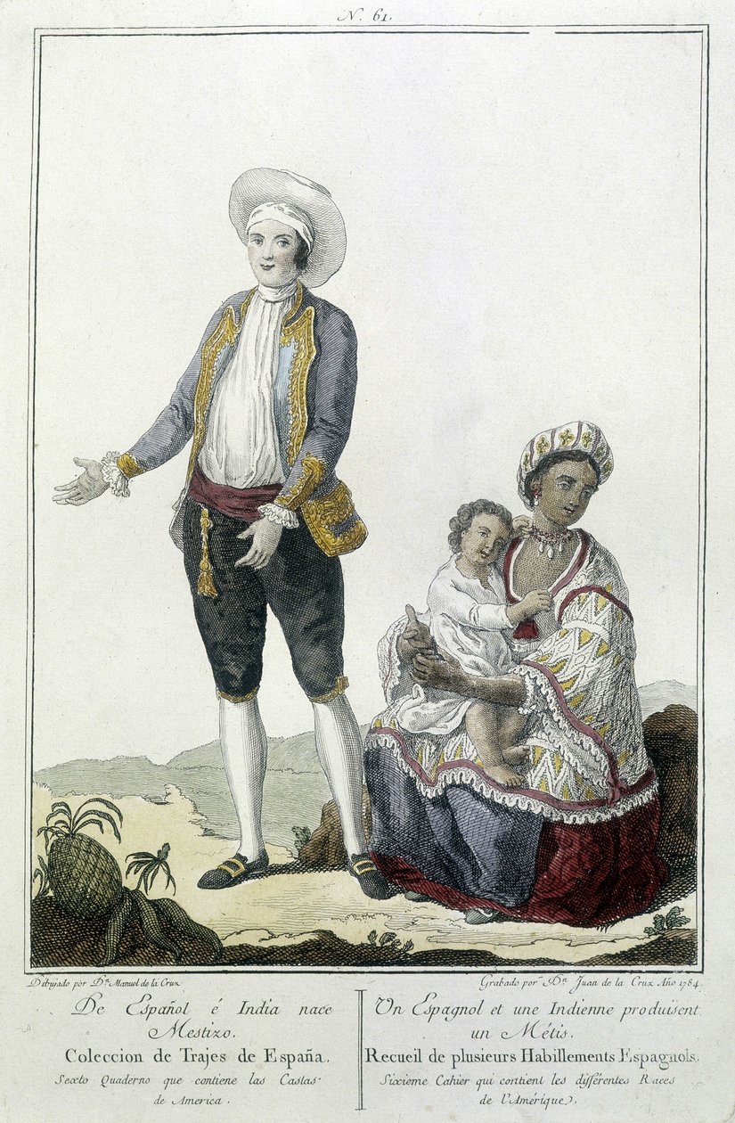 Uno spagnolo e un indiano danno alla luce un meticcio - incisione da Unknown artist