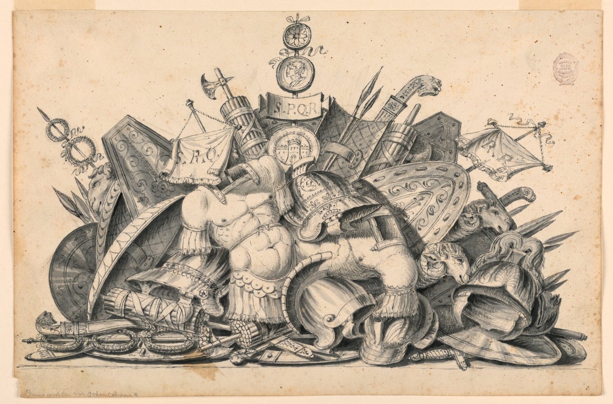 Un trofeo di armi destinato ad essere eseguito in pittura da Unknown artist