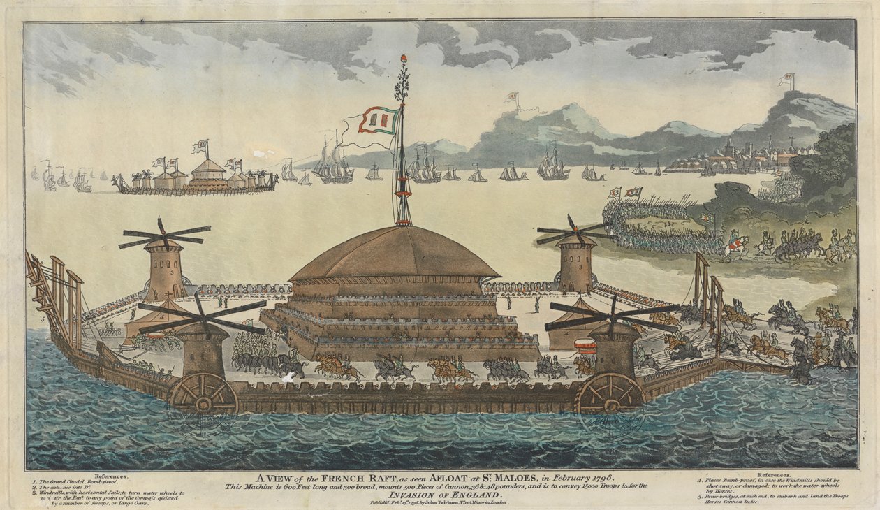 Vista della Zattera Francese, vista a St. Maloes, febbraio 1798. La macchina è lunga 600 piedi e larga 300, monta 500 pezzi di cannone, 36 e 48 libbre, ed è destinata a trasportare 15.000 truppe per l