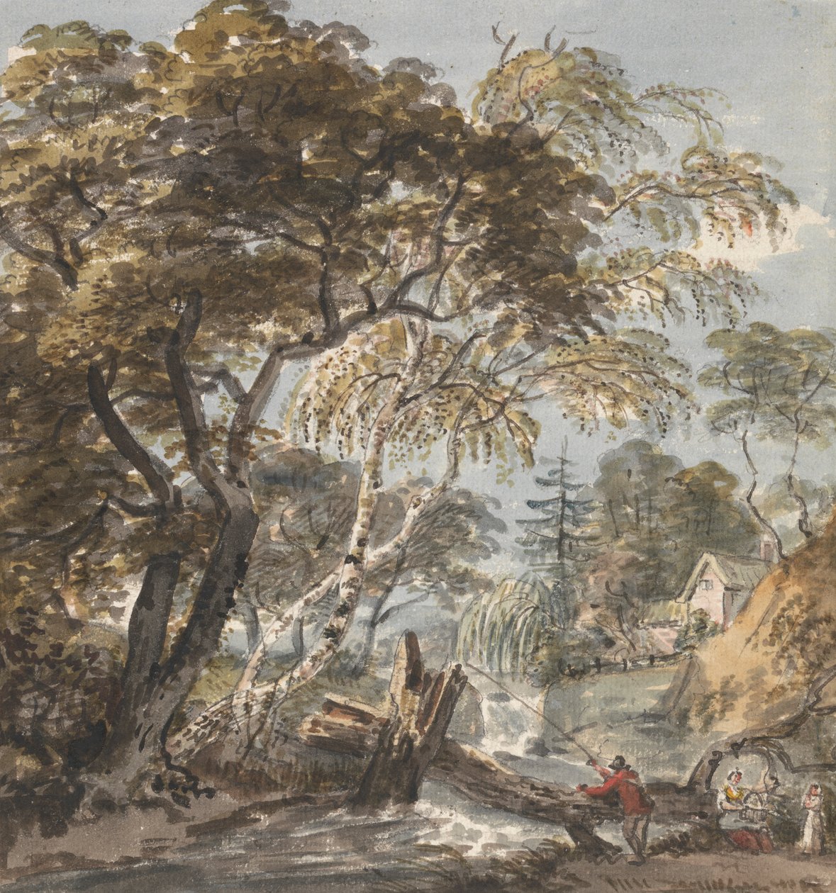 Un ruscello nel bosco con pescatore da Unknown artist