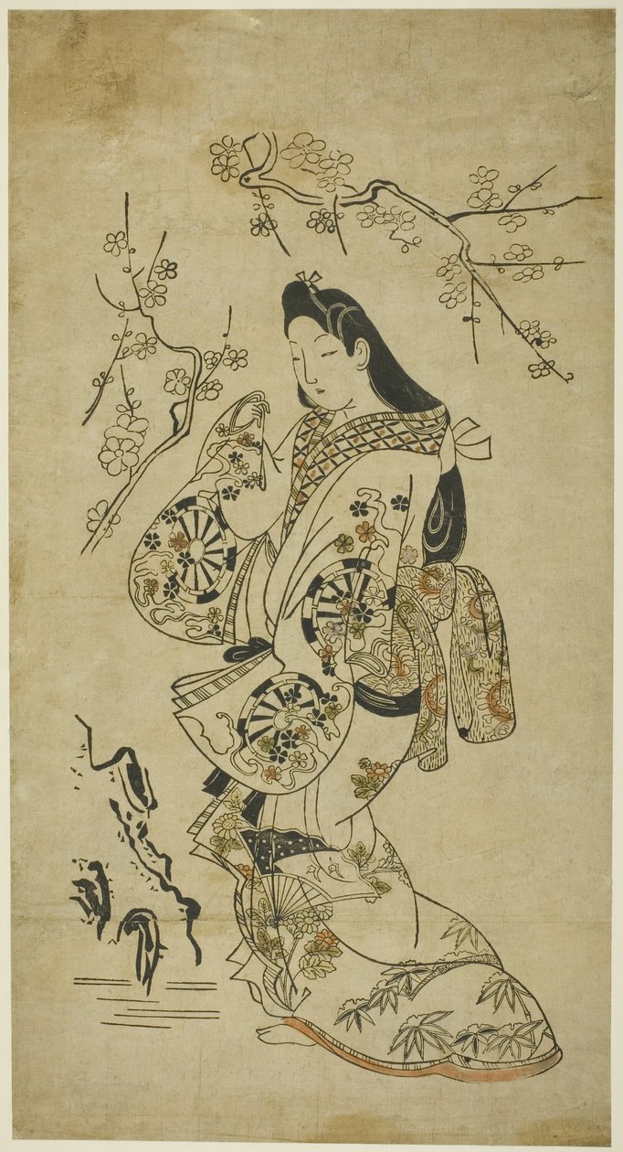 Una giovane donna che cammina vicino a un albero di prugne da Unknown artist