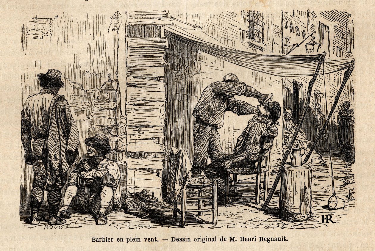 Un barbiere al vento per le strade di Roma. Incisione per illustrare il viaggio a Roma, di Francis Wey, nel 1864-1868, pubblicato in "Le tour du monde, nouveau journal des voyages", sotto la direzione di Edouard Charton da Unknown artist