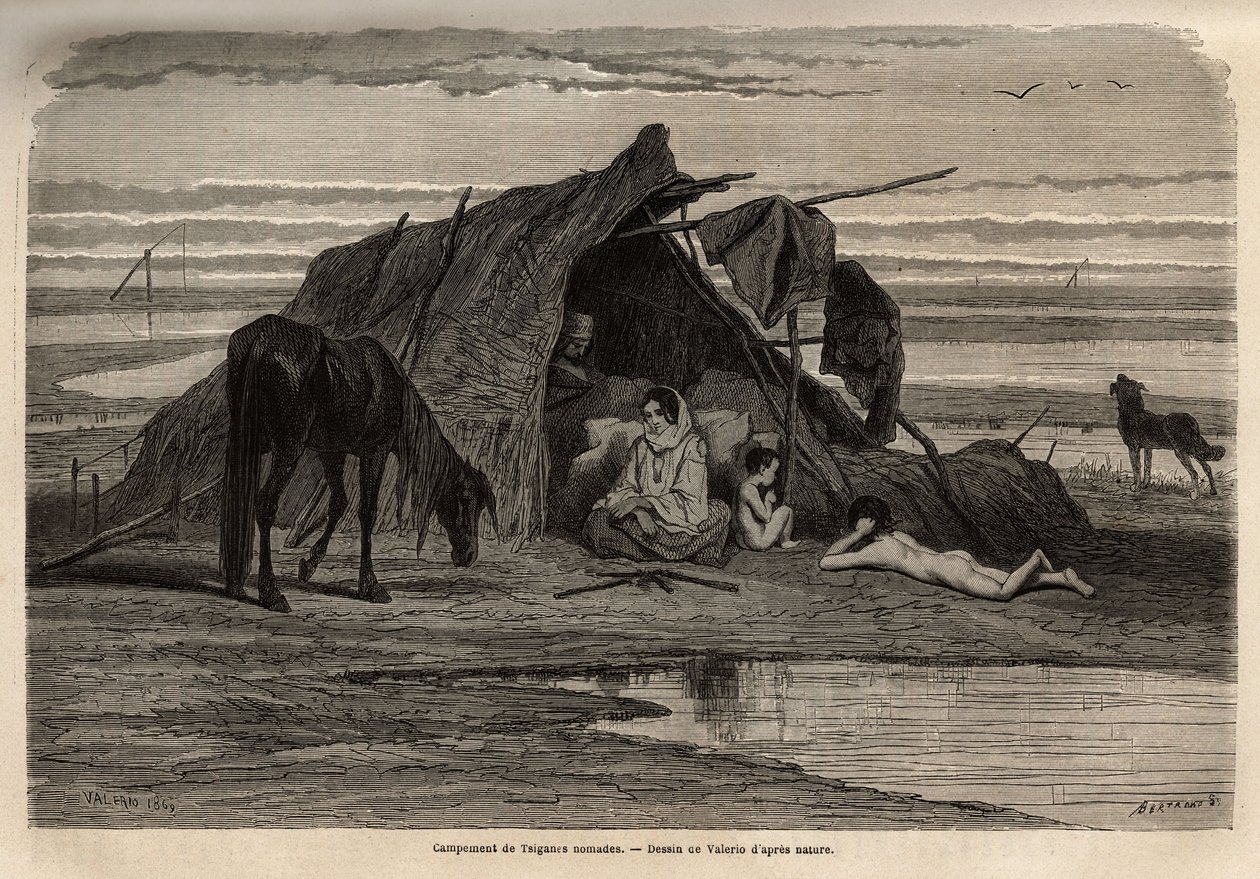 Un campo di zingari nomadi nelle pianure della Bosnia settentrionale. Incisione per illustrare i ricordi di viaggio tra gli slavi meridionali, di Georges Perrot, nel 1868, pubblicato in "Le tour du monde" 1870-1871, a cura di Edouard Charton, edizione Hach da Unknown artist