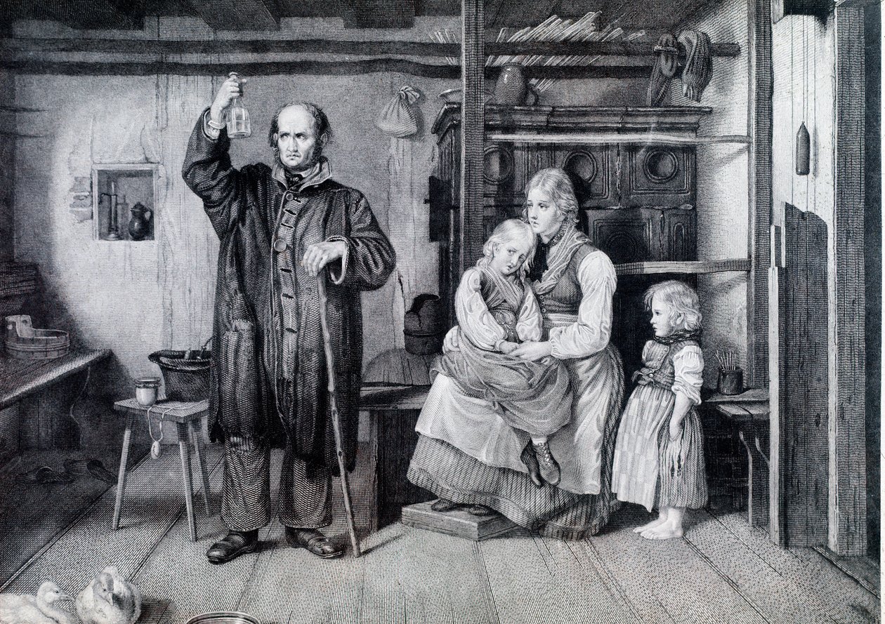 Un medico che esamina una bottiglia, probabilmente una fiala di urina, durante una visita a una madre e ai suoi due figli che vivono in povertà (incisione) da Unknown artist