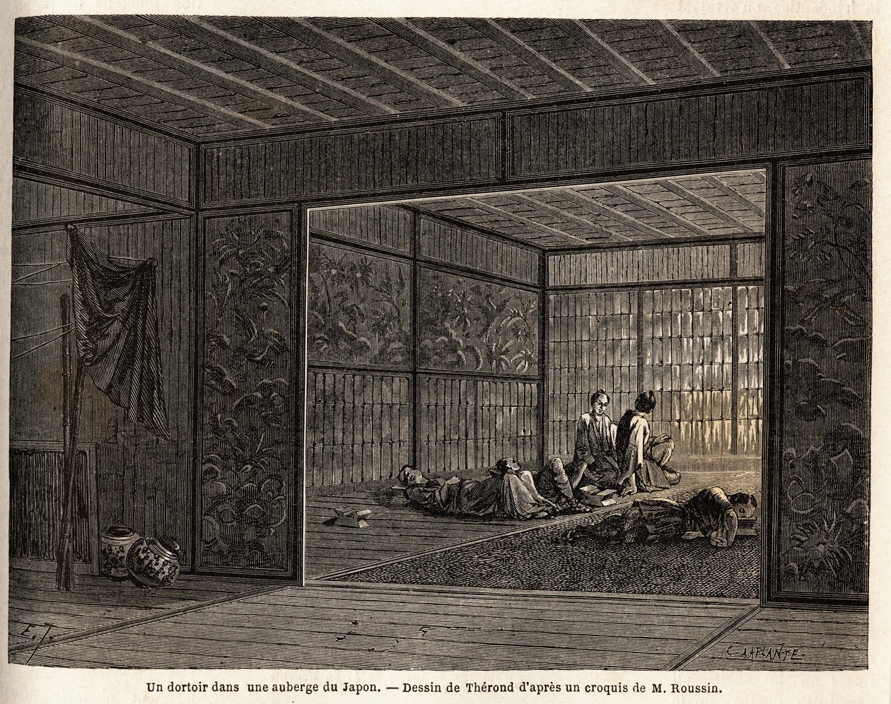 Un dormitorio in una locanda in Giappone. Incisione per illustrare il viaggio in Giappone nel 1863-1864, di Aime Humbert, ministro della Confederazione Svizzera, in "Le tour du monde, nouveau journal des voyages" da Unknown artist