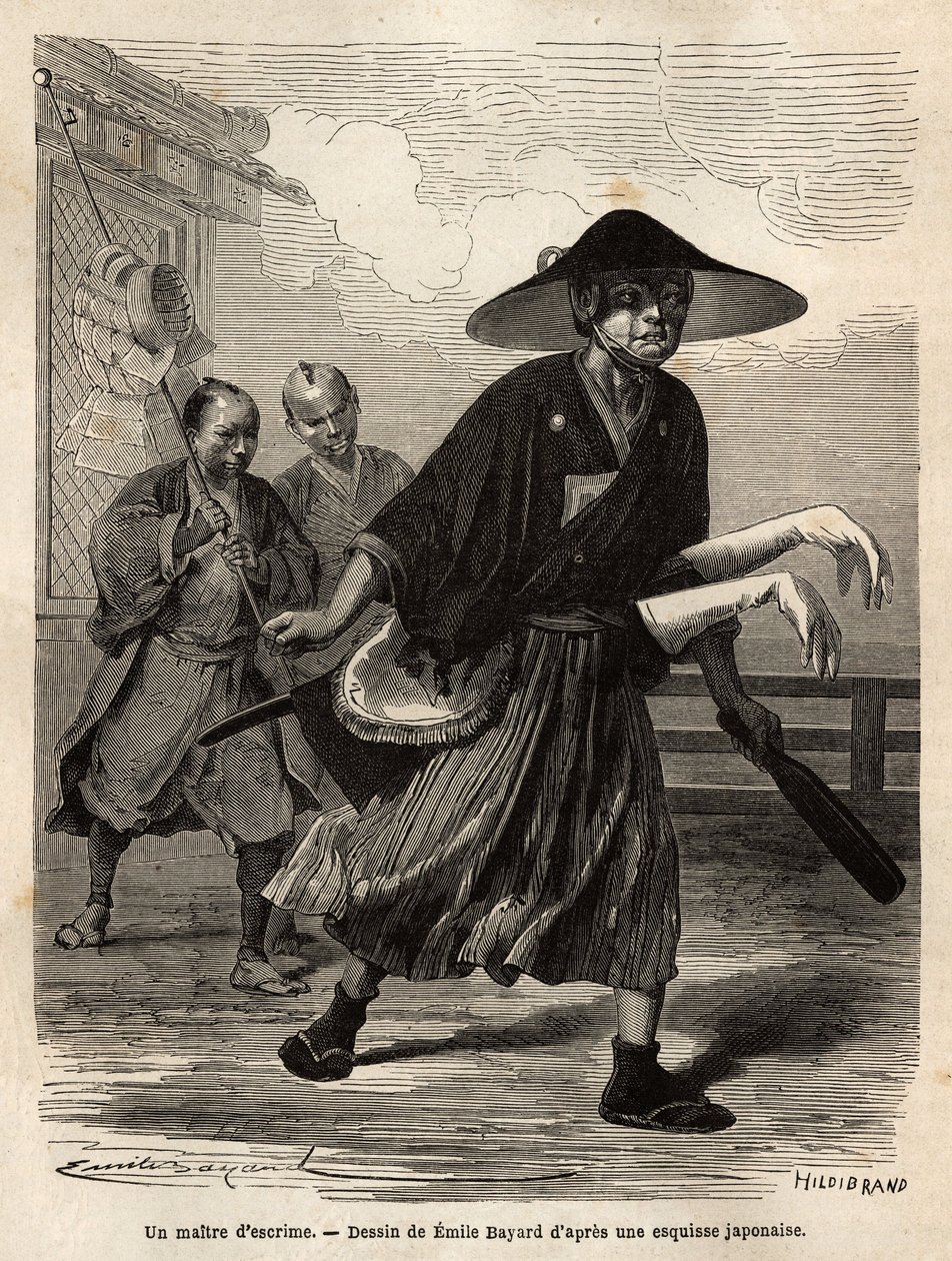 Un maestro di scherma, seguito da due aiutanti che portano il suo materiale, il maestro fa scivolare i suoi guanti bianchi sulle maniche delle sue spade. Incisione per illustrare il viaggio in Giappone, nel 1863-1864, di Aime Humbert, ministro della Confed da Unknown artist