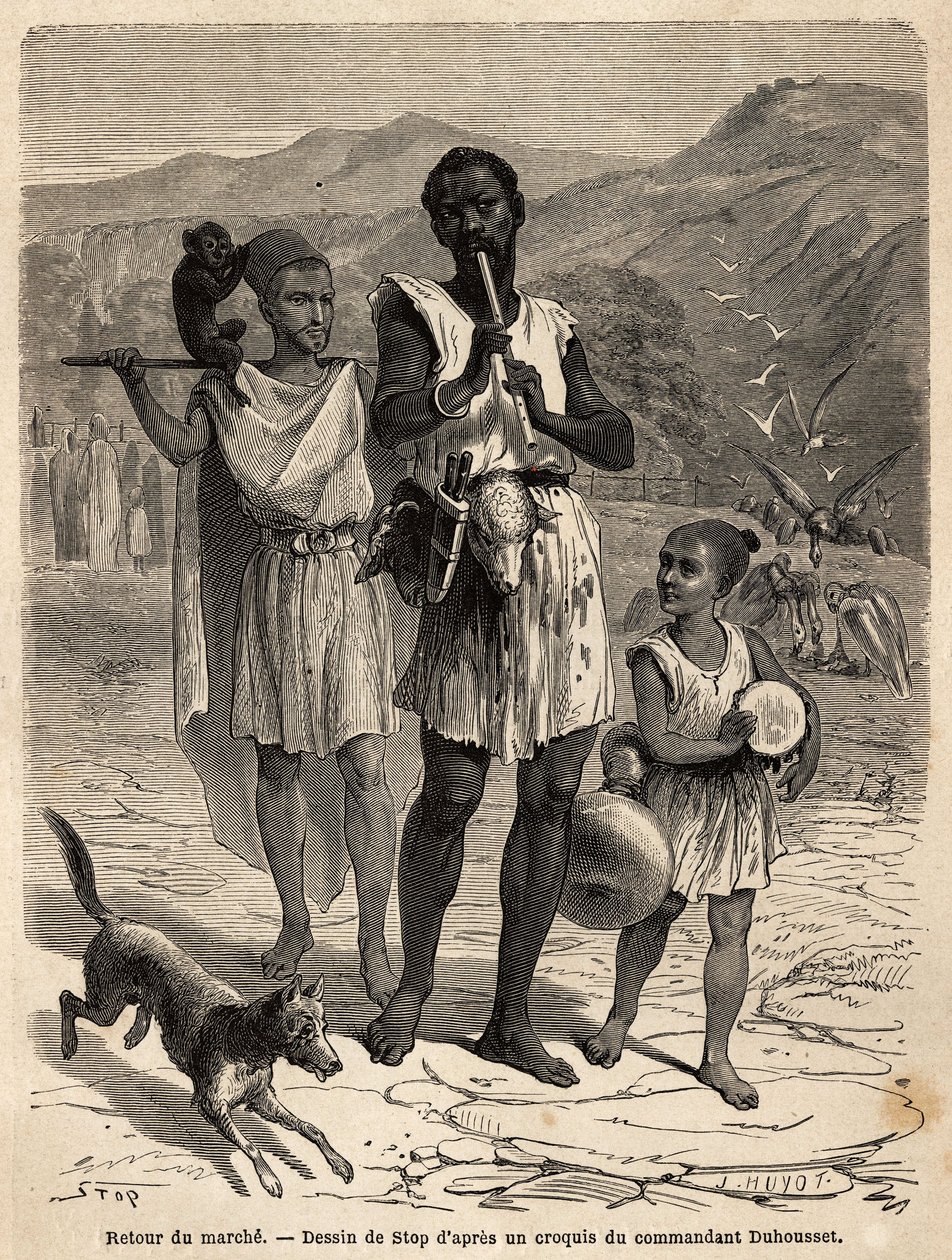 Un suonatore di flauto, accompagnato da un piccolo tamburino e uno spettacolo di scimmie; le due teste di pecora appese alla cintura del capo banda saranno la loro cena. Incisione per illustrare l
