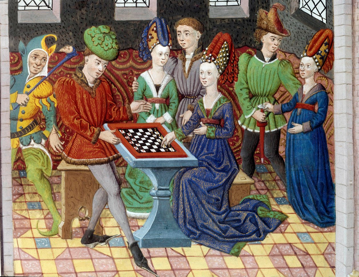 Una partita a scacchi tra due cortigiani nella stanza di un castello. Miniatura tratta da 