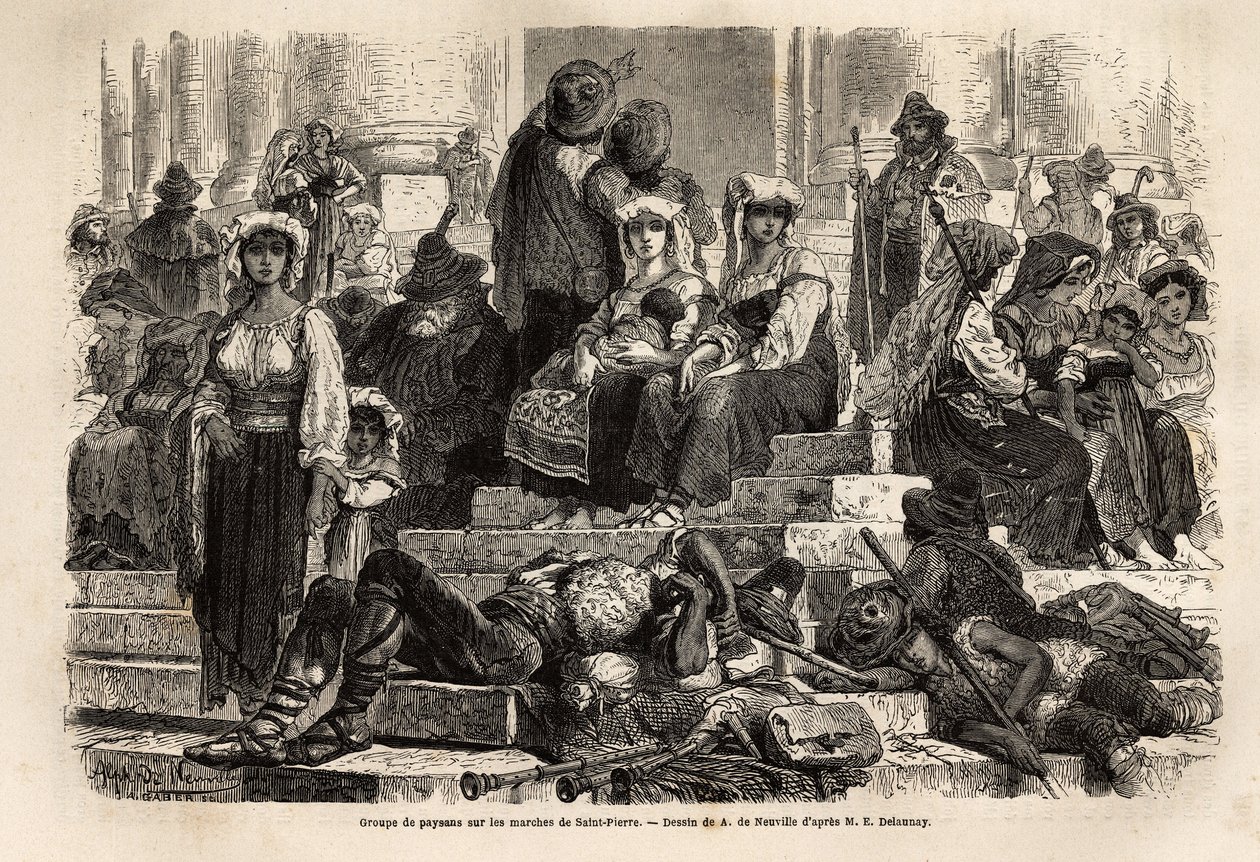 Un gruppo di contadini e pastori si riuniscono per la celebrazione della Settimana Santa sui gradini di San Pietro in Vaticano. Incisione per illustrare la storia della Settimana Santa a Roma, nel 1863, di Ludovic Celler, in 